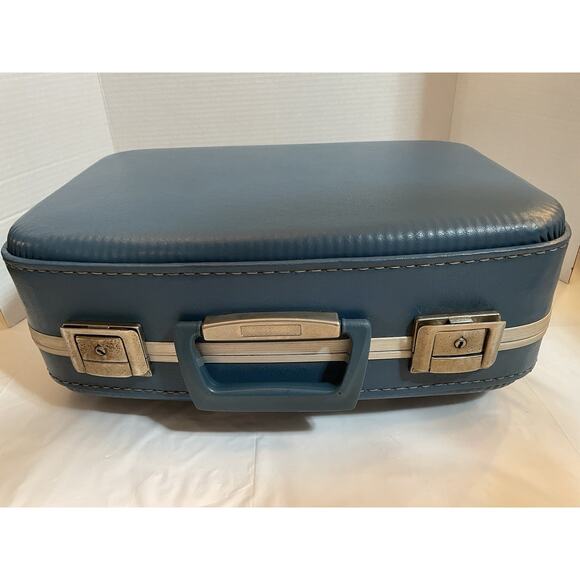 Vtg Blue Luggage Suitcase Mid-Century Hard Shell No Keys - Picture 10 of 16